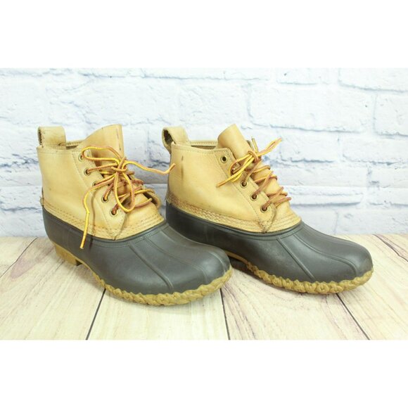 LL Bean Unlined Round Toe Ankle Duck Boots Brown Leather Lace Up Size 9 M - Picture 3 of 9